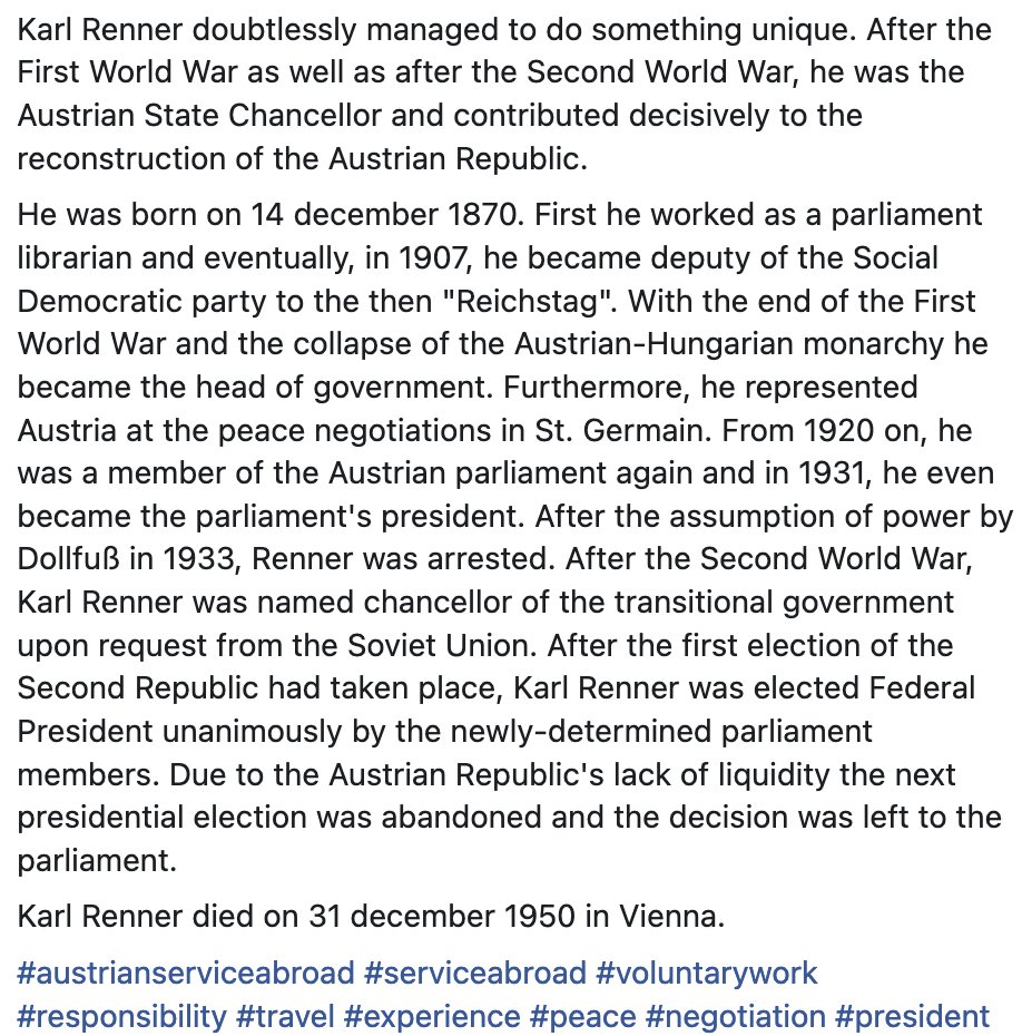 ServiceAbroad's tweet photo. After the First World War and Second World War, Karl Renner was the Austrian Chancellor and contributed decisively to the reconstruction of the Austrian Republic.
#austrianserviceabroad #serviceabroad #voluntarywork #responsibility #travel #experience #peace #negotiation https://t.co/kkfKYiq7U8