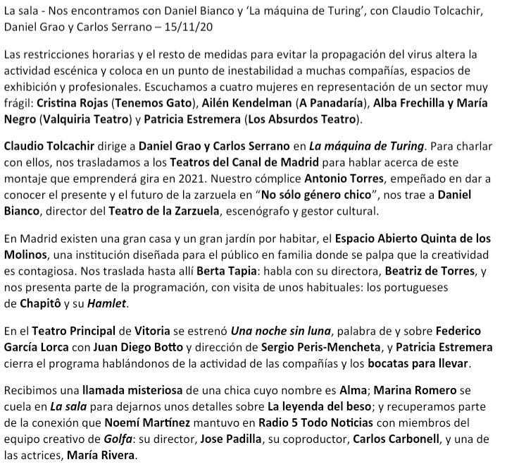 Esta medianoche, y mañana de 16 a 18h, abrimos #LaSala de #RNE con menú variado. Y a las 23.30, <a href="/observadora_rne/">La observadora</a>: hoy, nuestra querida <a href="/TeresaViejo/">Teresa Viejo 🖤</a> conversará con <a href="/alberconejero/">Alberto Conejero</a>; después, #APanadaría, @TenemosGato, <a href="/losabsur2/">Los Absurdos Teatro</a>, <a href="/ValquiriaTeatro/">Valquiria Teatro</a>, <a href="/Padramatic/">Jose Padilla</a>, <a href="/JuanDiegoBotto/">Juan Diego Botto</a>, etc.