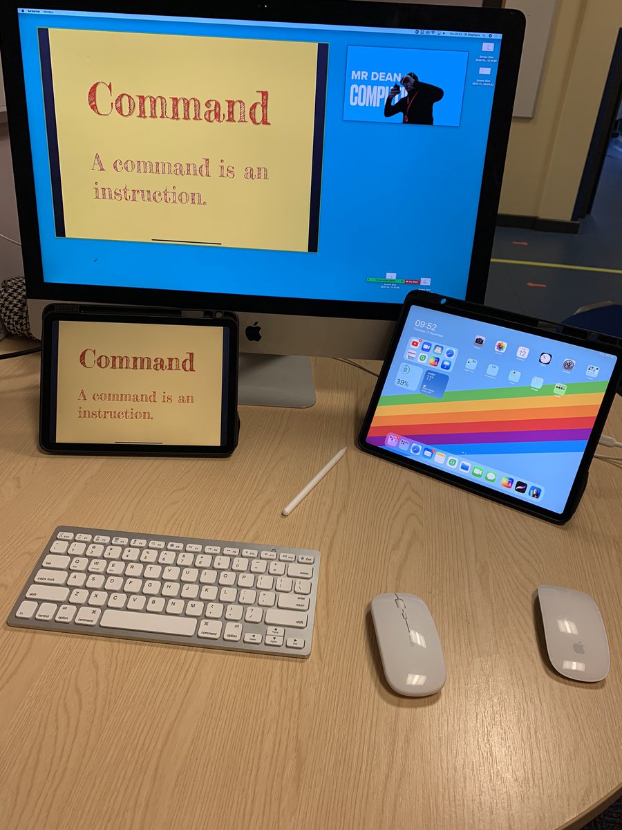 Remote lesson setup for @zoom and <a href="/Showbie/">Showbie</a> video. Mirror the iPad via <a href="/airserver/">AirServer</a> to my iMac. Share the screen. Use a mouse with iPad(aid). Class based teacher uses Apple Classroom. Currently looking at <a href="/OBSProject/">OBS</a> #blendedlearning #homelearning #appleedu #educhat