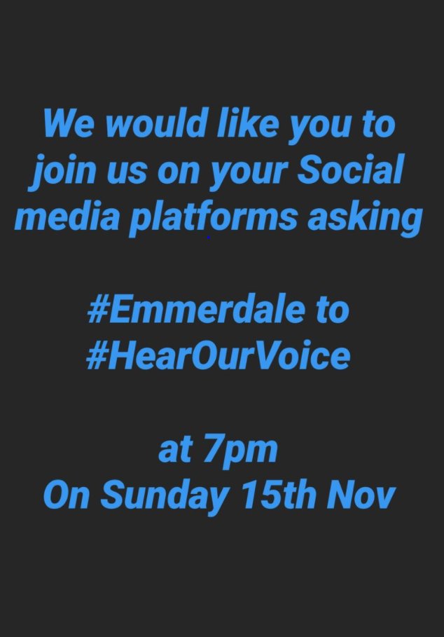 PortsmouthDSA's tweet photo. We would like you to join us on your Social Media platforms asking #Emmerdale to #HearOurVoice at 7pm onSunday 15th November. Please RT! #Emmerfail @RichJEH72   @girliesaints @FleurBragaglia @Andy66cb @iamdumps @RealTomHeaton  @helennelson21 @kenross2011 @LucyScoular @C_CrookPDsa https://t.co/Kv1tdOyTzq