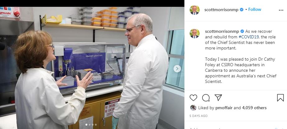37) Recent post from  #ScoMo's Instagram about  #CSIRO and  #COVID19. Equipment that seems to be focus of discussion features -- you guessed it -- purple.