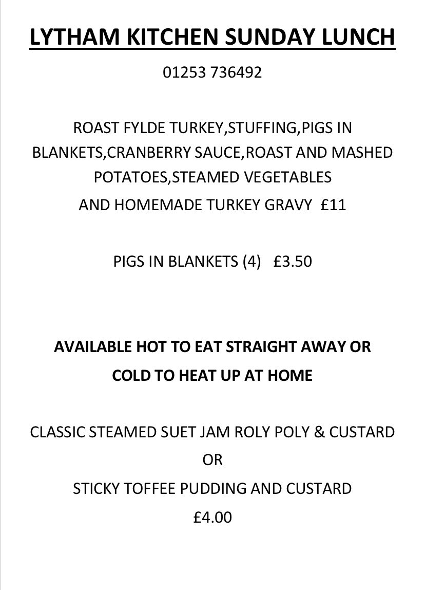 LythamKitchen's tweet photo. We are taking orders for Sunday Lunch tomorrow collection and delivery. Please order early to avoid disappointment!! https://t.co/whFcsVAZvL