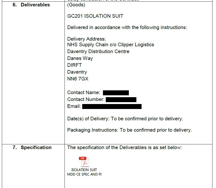 Second, it seems pretty clear DHSC did not know what it was buying when we entered into this £32m contract for what the deliverables describe as "isolation suits" (first pic). The embedded "Specification" we bought to shows they met standard EN 14126:2003...