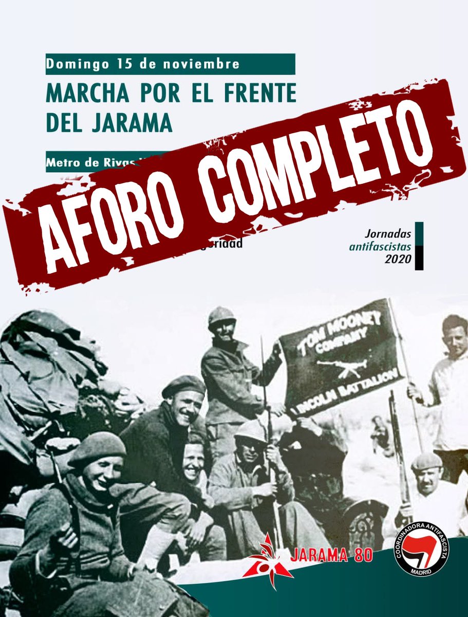 Mañana tendrá lugar un nuevo acto de las Jornadas Antifascistas 2020.

Comunicamos que se ha alcanzado el aforo completo para la Marcha por el Frente del Jarama que organizamos junto a <a href="/BatallaJarama/">Batalla del Jarama</a>. Próximamente publicaremos un vídeo sobre ella.

¡Hoy, como ayer, no pasarán!