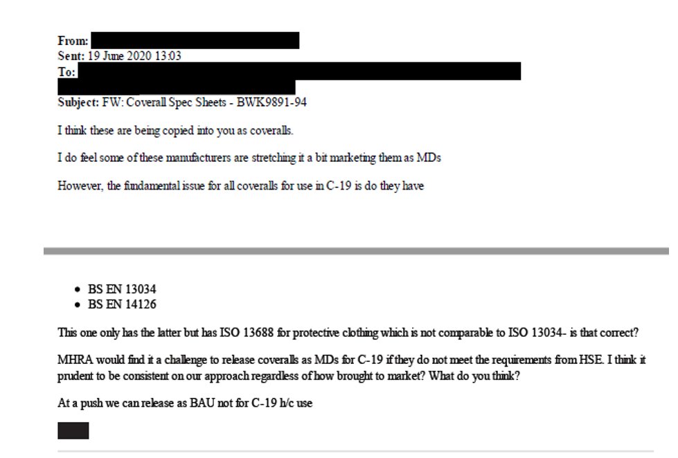 ... but this email (which I *believe* to be from the Medicines and Healthcare Products Regulatory Agency) says they also need EN 13034 certification and I can't find any suggestion in the "Specification" that they do. Note also "not for C-19 h/c use".