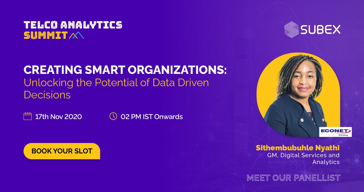 RamyaMithun's tweet photo. Sithembubuhle Nyathi(@thembinyathin), General Manager, Digital Services & #Analytics at @econetzimbabwe, will be part of the panel discussion on Creating Smart Organizations: Unlocking the power of #data-driven decision making at #TelcoAnalyticsSummit.
… https://t.co/lvIdzeV9Q6