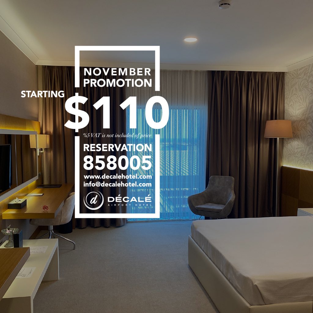 DecaleHotel's tweet photo. STAY WITH US. SPECIAL PROMOTION FOR OCTOBER ONLY $110 Special Promotion Rate which is valid until 30.11.2020 Above mentioned Room Price is only for Bed and Breakfast accommodation except Suit Rooms.

RESERVATION: +252 613 33 55 59 info@decalehotel.com - https://t.co/atEepTZJzs https://t.co/yQ6Yp1wwvU