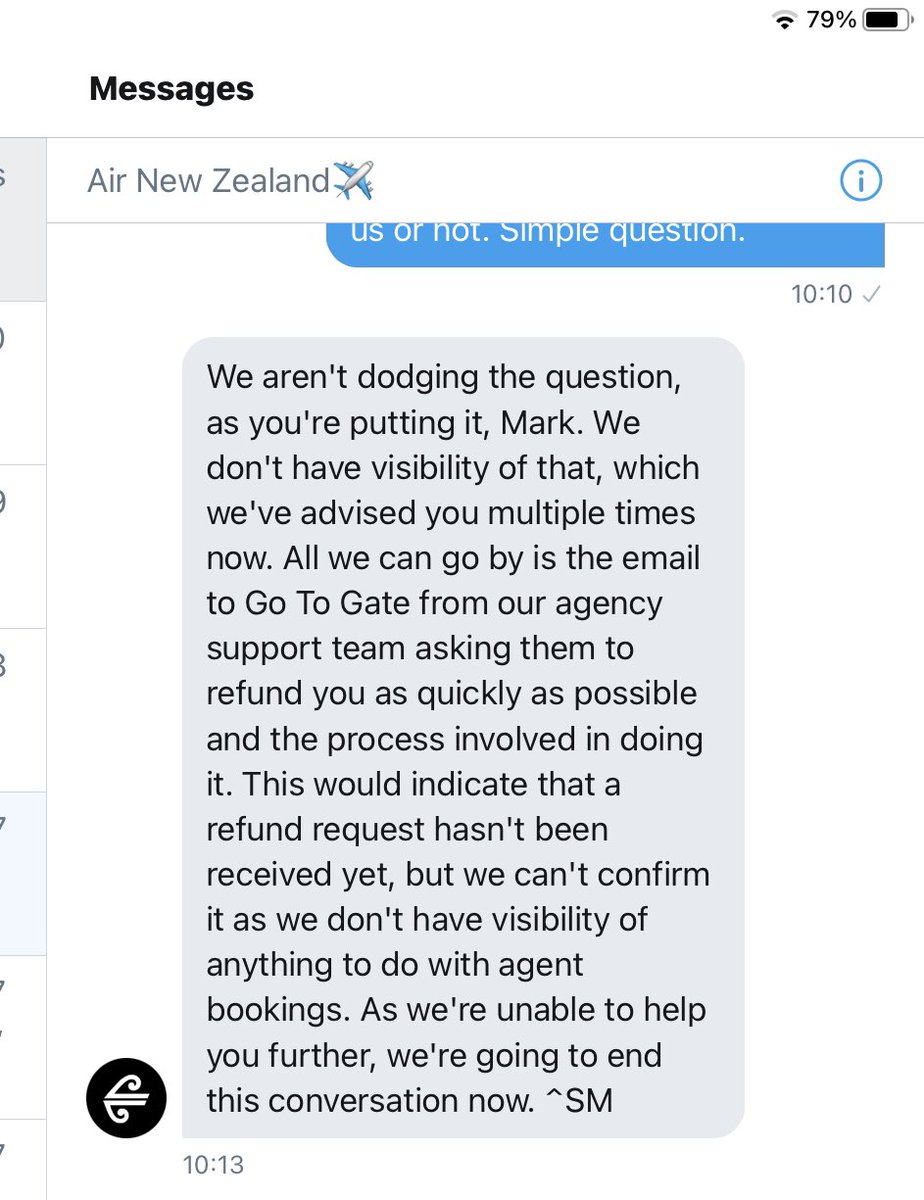 dventureconnect's tweet photo. @FlyAirNZ After months of trying to obtain a refund for cnx flts to NZ through GoToGate (who’ve told us five times that they applied to ANZ for the refund in August), ANZ are now telling me they have no visibility of anything to do with agent bookings.🤬 @thesundaytimes @Reuters https://t.co/Yc0p6hCrgZ
