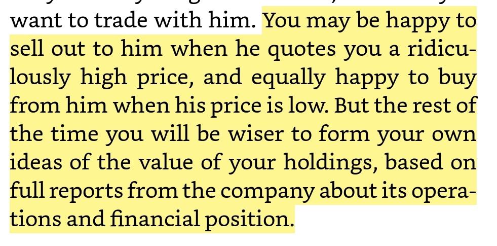 As a prudent owner, all you have to do is you can decide to sell your stake when he quotes a ridiculous price. Or buy more when he quotes a depressing price.