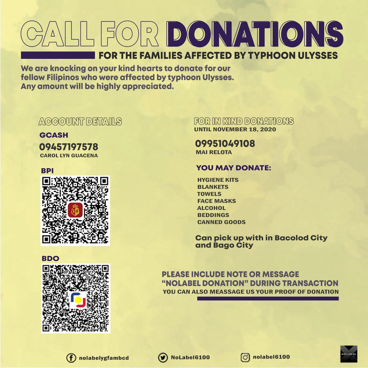 NoLabel6100's tweet photo. Recently, the country faced multiple typhoons which affected thousands of people. We are knocking on your kind hearts to donate - any amount or in kind, to our fellow Filipinos and fur friends who were hit by Typhoon Ulysses.

#UlyssesPH 
#UlyssesPHAid https://t.co/KN0SJKFIEf