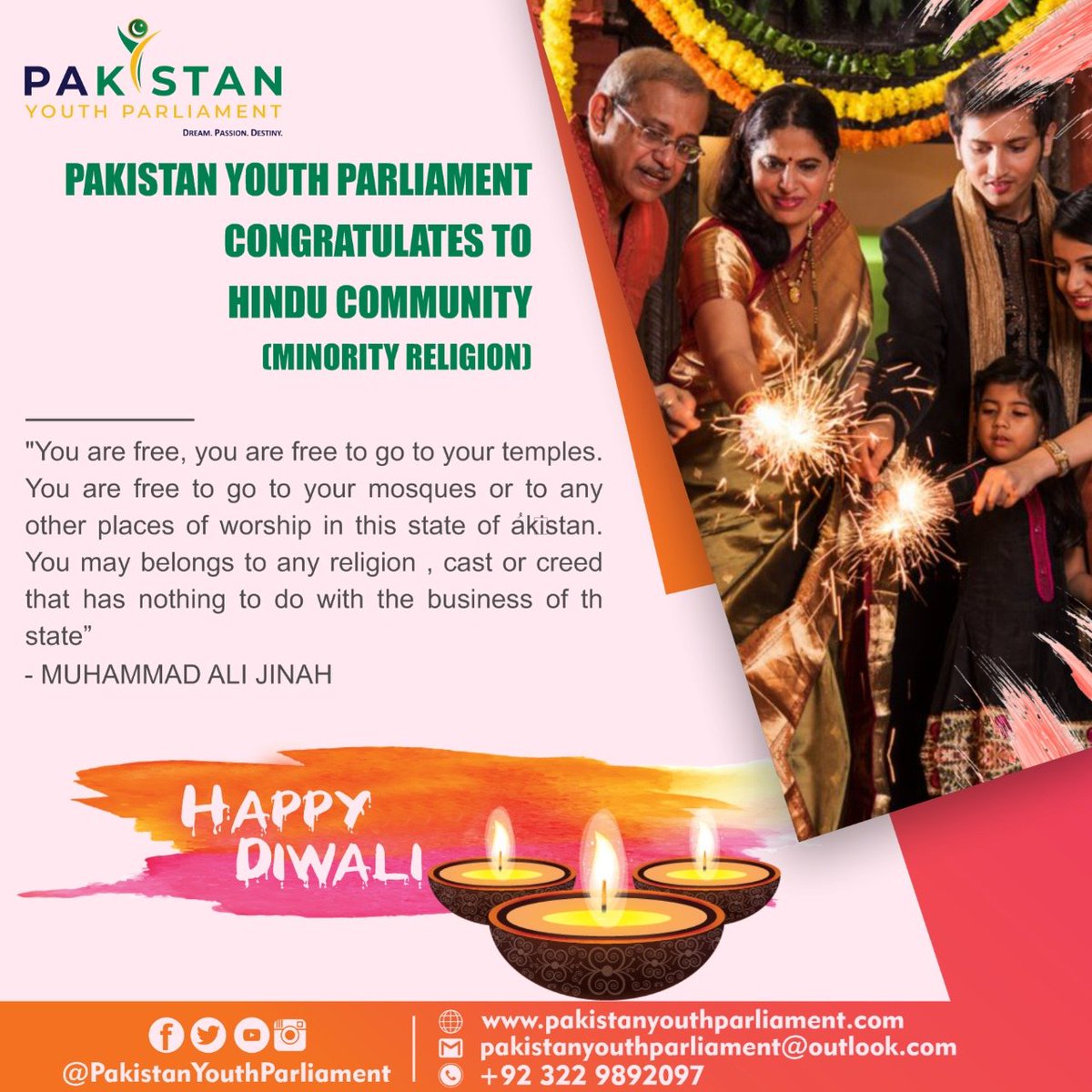 PakistanYp's tweet photo. PYP presents heartiest congratulations to minority religion,on the victory of good over evil and light over darkness, in the pursuance of the vision and legacy of the father of the nation.
#DreamPassionDestiny #PYP https://t.co/Fs8E0TpeQ9