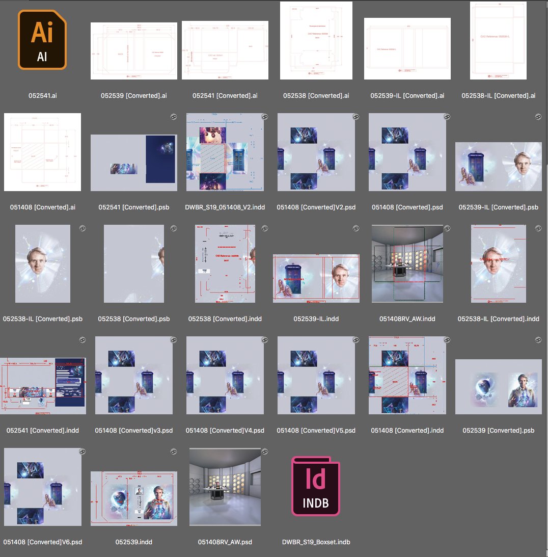 Finally, here's the file layouts for S19. This is the amount of attempts it took to get the TARDIS doors to line up on the booklet flap. Crazy times. We'd do it, print it, measure it, correct it, print it, measure it, amend it... it took about a week!  #DoctorWho  #TheCollection