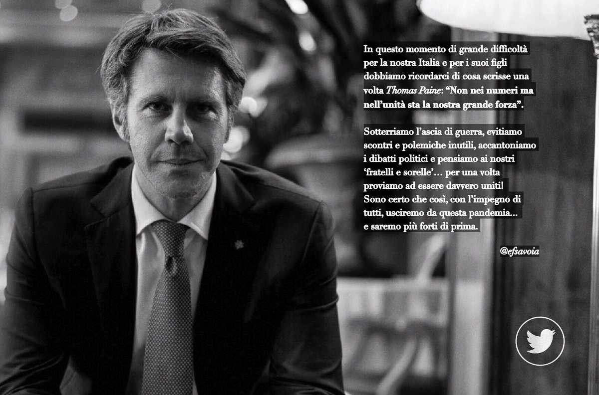 efsavoia's tweet image. @efsavoia: • “In questo momento di grande difficoltà per la nostra Italia e per i suoi figli...” •

#covid19 #italia @ItaliaRealta