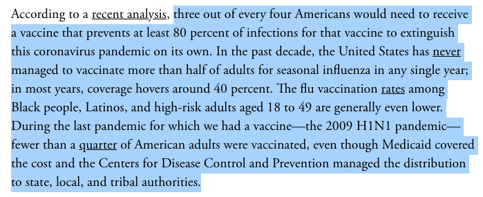 A new piece by  @TomBollyky helps explain why. First, communication & a solid public health response would help earn people's trust. You need that if people are going to take a vaccine. Tom gives flu vaccine rates, but the flu isn't politicized like Covid. https://www.theatlantic.com/ideas/archive/2020/11/science-working-society-needs-step-up/617107/