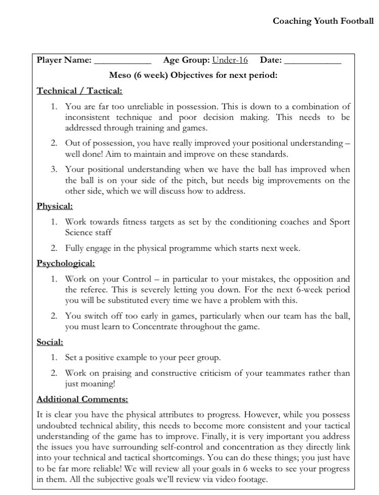 6-Week Individual Development Plan of a current Premier League player, when he was 16The anonymous player is now a full international and has played in 3 of Europe’s major leagues