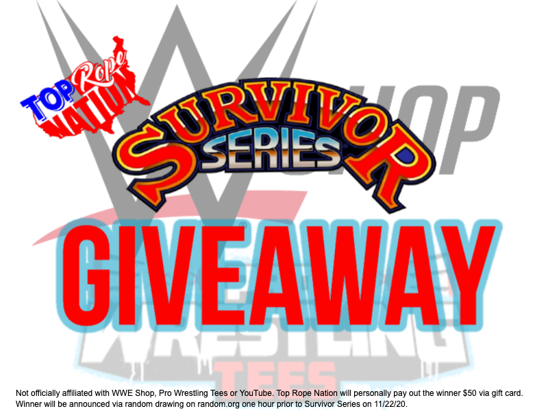 TopRopeNation's tweet photo. 🚨 #SurvivorSeries GIVEAWAY! 🚨

Win a $50 gift card to WWE Shop/Pro Wrestling Tees (your choice)

RULES: 
- Follow: @TopRopeNation &amp; @ryandroste
- Subscribe: https://t.co/tM434DRFCj 
- RT this tweet
- Tag a friend in the replies

Winner drawn 11/22 at 6:00pm ET - Good luck! https://t.co/ySI3EbpbVg
