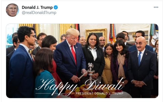US President Donald Trump wishes "Happy #Diwali"