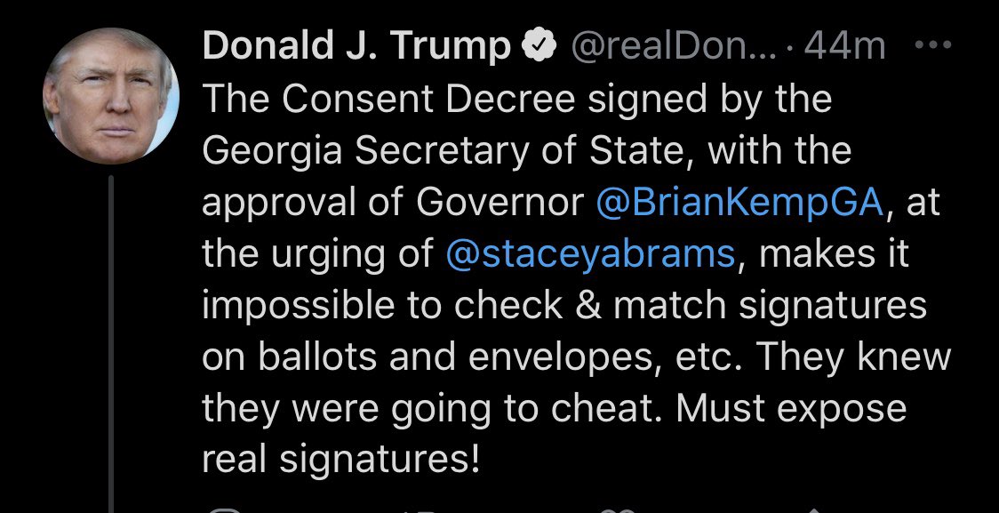 More baseless claims from Trump. We are proud to be among a number of groups that successfully sued Georgia officials in 2018 over their discriminatory signature match rules which were used to largely reject ballots cast by Black voters & other voters of color.  @LawyersComm