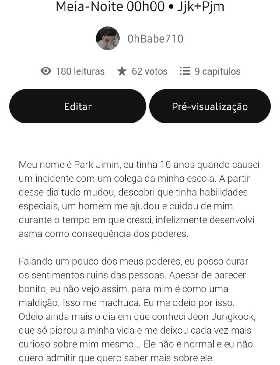 OlhaPost's tweet image. Poderia divulgar por favor? É uma fanfic Jikook criada por mim, a atualizou nas plataformas Spirit e Wattpad.
O nome é "Meia-noite".

Link Wattpad: my.w.tt/WxlrYHavpbb
Link Spirit: spiritfanfiction.com/historia/meia-…