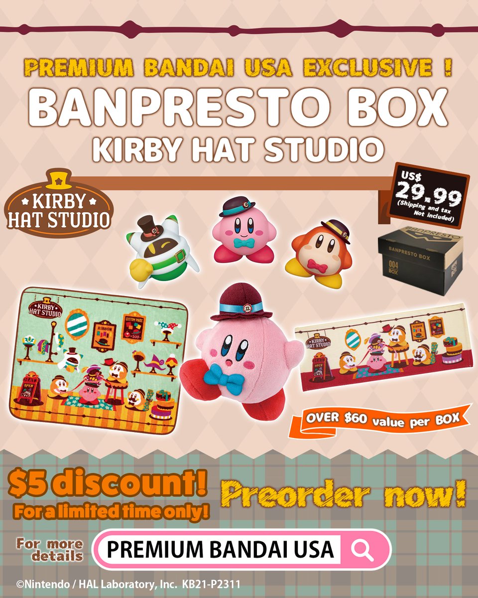 animenyc's tweet photo. A new #BANPRESTOBOX, filled with KIRBY HAT STUDIO items, is now available for the special price of $29.99 US (before shipping/tax).
☆ $5 DISCOUNT !! For a limited time only ☆
Click here for details! https://t.co/nUc2TimwJL #KIRBYHATSTUDIO #KIRBY #banpresto #BANDAISPIRITS https://t.co/Wl2esy0HOT