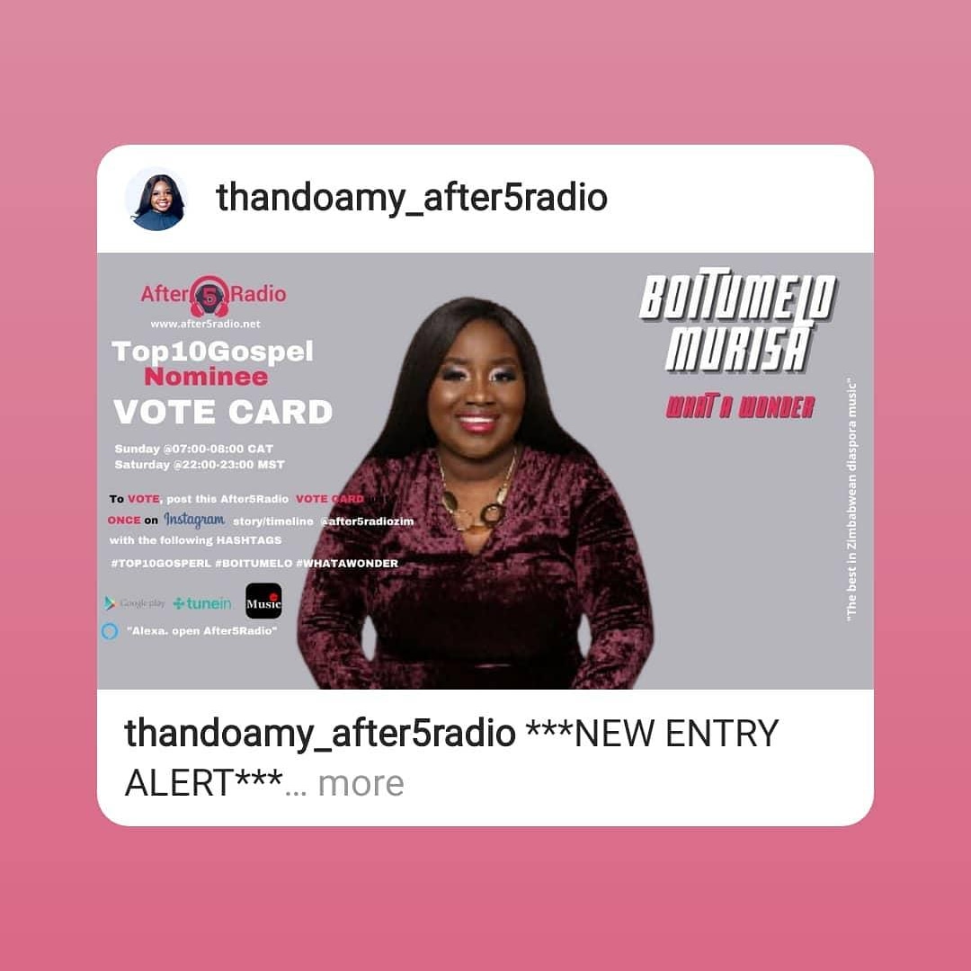 TumeloMurisa's tweet photo. Thank you for your vote!! #Top10Gospel #Boitumelo #whatawonder details are on poster👇👇 https://t.co/mM61qwbIpo