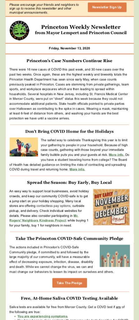 Latest Princeton #COVIDAlert update including rising case numbers, Thanksgiving safety tips, shop local &amp; early: Nov is the new Dec, Community Pledge
conta.cc/3nrDfE7