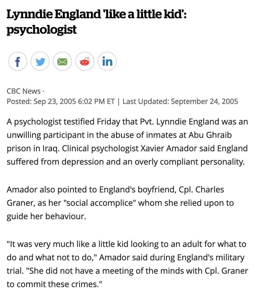 not sure how "the junior officer accused of war crimes had an overly compliant personality" is a defense but go off  https://www.cbc.ca/news/world/lynndie-england-like-a-little-kid-psychologist-1.568389