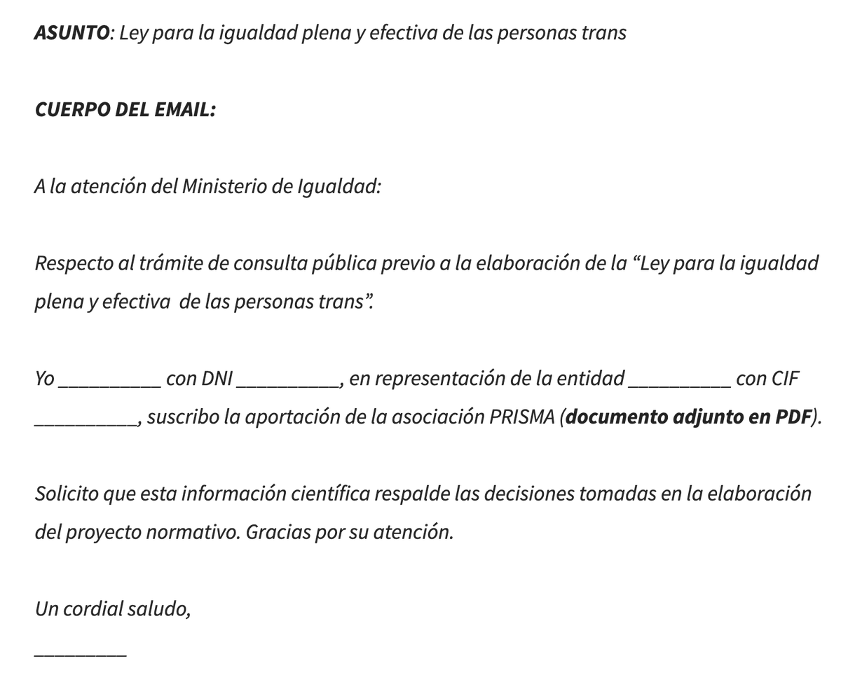PRISMAciencia's tweet photo. Si deseas suscribir nuestro mensaje para conseguir una #LeyTrans que garantice la igualdad plena y efectiva de las personas trans, solo tienes que descargar el PDF y adjuntarlo en un email dirigido a: 
📩 participacion.publica@igualdad.gob.es https://t.co/So0WW2N9j5