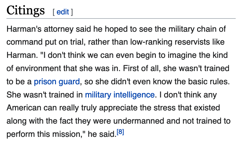 this is about a woman who posed, smiling, with a man who had just been tortured to death https://en.wikipedia.org/wiki/Sabrina_Harman