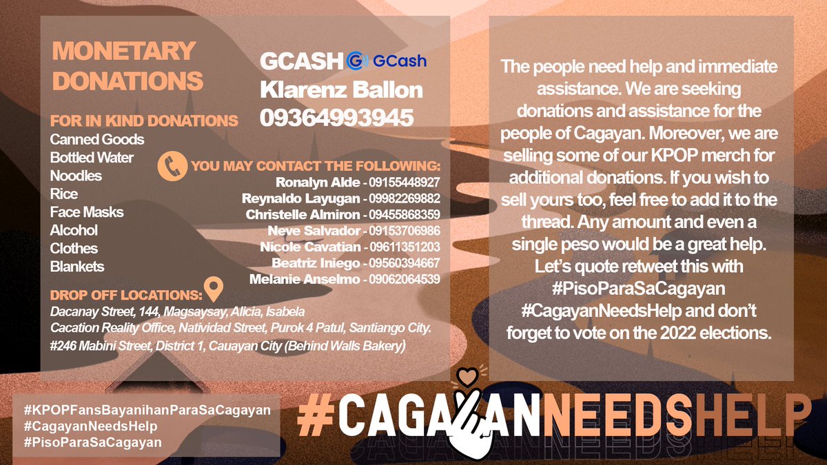 enhahgaseonceu's tweet photo. #CagayanNeedsHelp is a donation drive initiated by students who loves Kpop for our fellow countrymen in Cagayan who were greatly affected by #TyphoonUlysses. Any small amount is a big help and a simple retweet would make a difference. Please help us achieve our goal. https://t.co/wgPHI8hC6Z