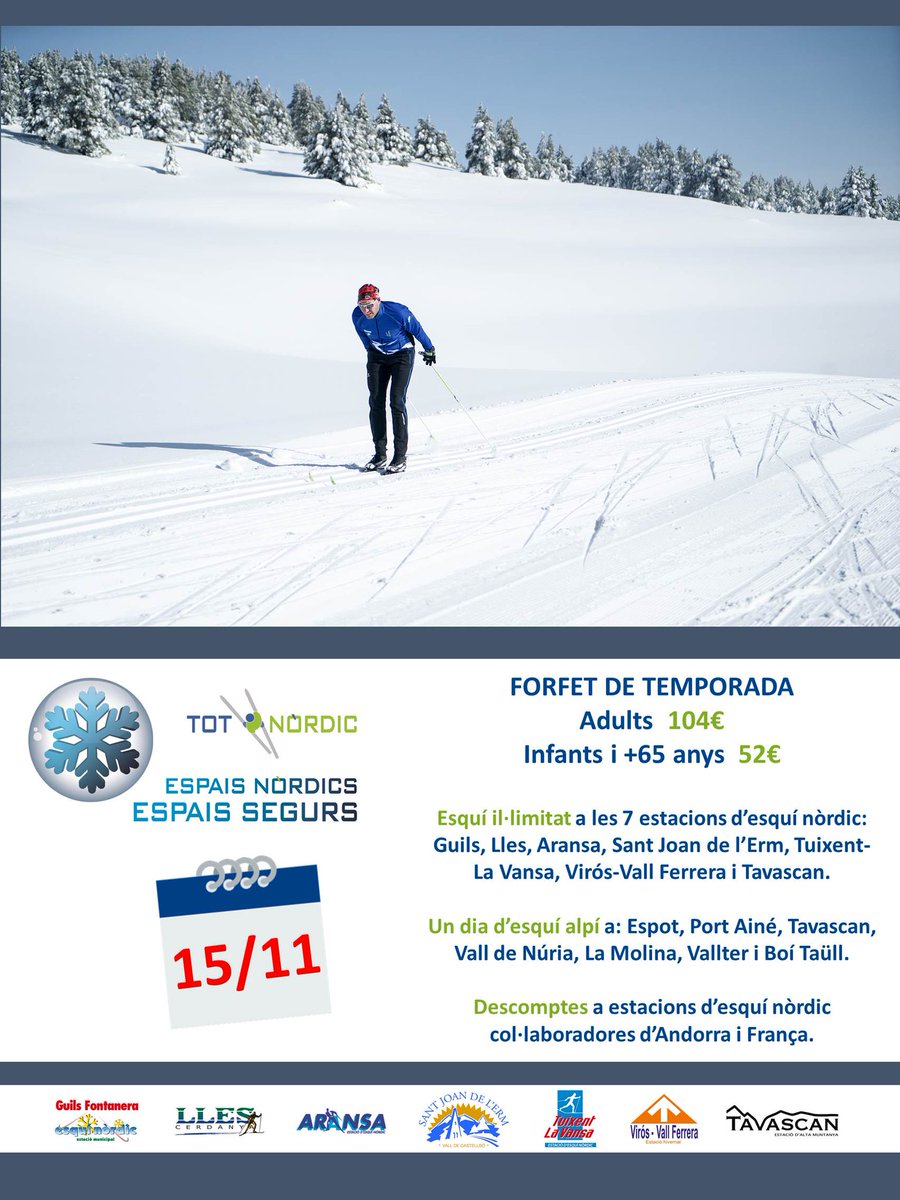 llesdecerdanya's tweet photo. ❄️😃 #Esquí tota la temporada per 104€ (52€ infants i >65): 7️⃣ estacions #esquínòrdic + 7️⃣ jornades d'alpí. Darrers dies oferta 20%. Ho pots comprar des del mòbil a https://t.co/G7dskq1Yeb i el rebràs a casa. Fins 100% compensació x tancament. https://t.co/4LTGGgVBqm
