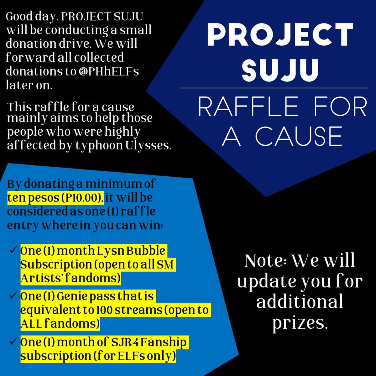 ProjectSuju's tweet photo. Hello! This is PROJECT SUJU.
To help our kababayan affected by typhoon Ulysses, we will be doing a raffle for a cause.
All proceeds will be donated to @PHhELFs
Please fill up this form once you made your donation: https://t.co/6ioE6Rue9x
Thank you! ๐ https://t.co/xEfWqA8987