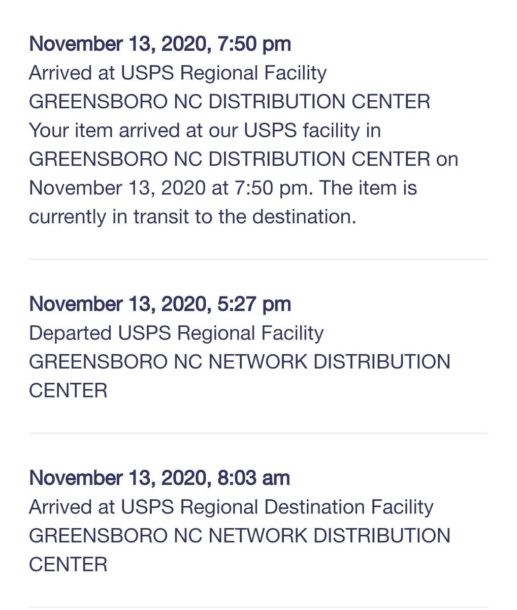 Coffee shipped 2 Nov, still just gone. Coffee I ordered as a replacement now at Greensboro Distribution Center. Might get here?