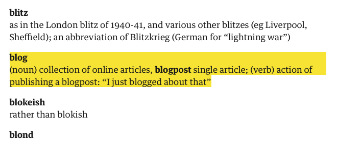 For example, while the Guardian's style guide has always had the definitions of blog and blog post correct, the site/paper often fails to use the terms correctly. https://www.theguardian.com/guardian-observer-style-guide-b5/9