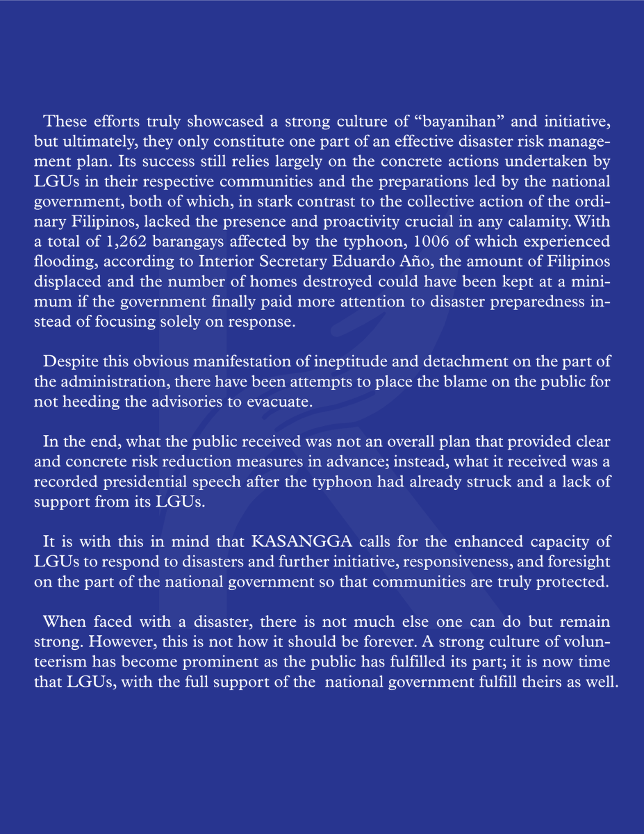 UAPKASANGGA's tweet photo. LOOK: KASANGGA’s Statement on Lack of Government Action with Typhoon Ulysses

We call to have an improved government disaster preparedness and responsiveness in this time of need. Besides the current pandemic, Filipinos are also burdened with recent typhoons— Rolly and Ulysses. https://t.co/6NKMkEpiB6