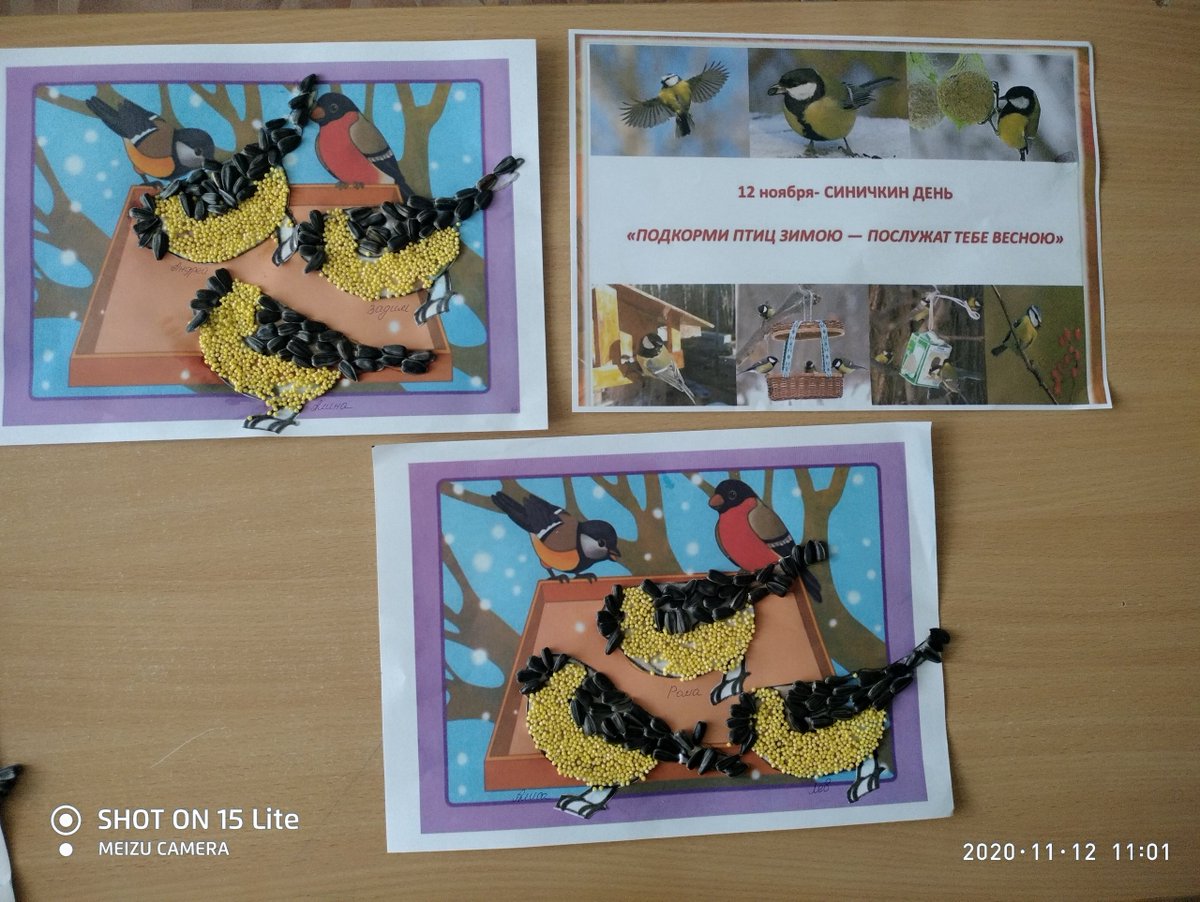 12 ноября считается днем Зиновия- синичника, это день встречи зимующих птиц. Именно с этого дня принято помогать птицам переживать холодное и голодное время, развешивать кормушки. Конечно, главный герой праздника - синичка,которую дети выполнили из семечек и пшена.