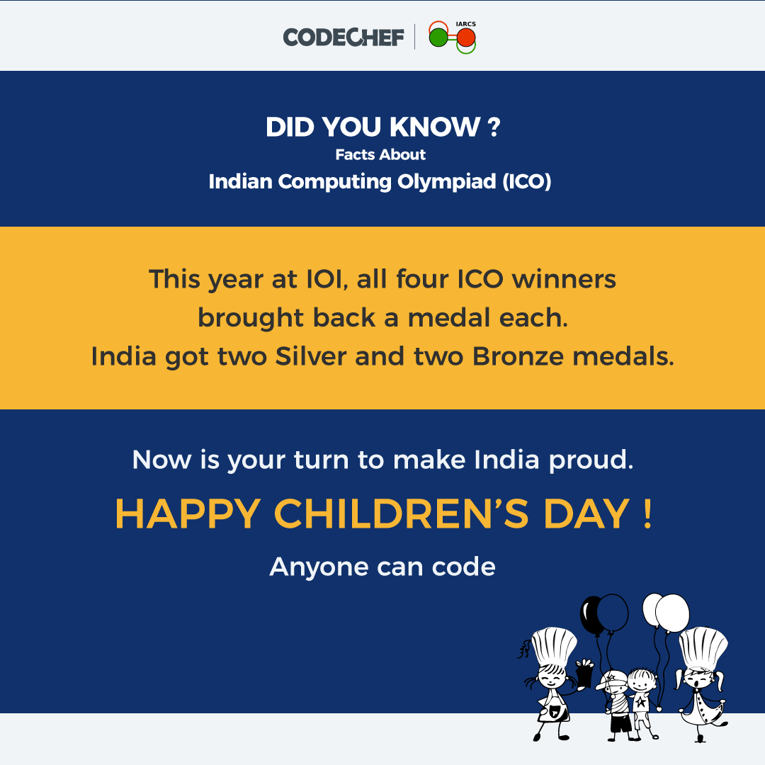 codechef's tweet photo. CodeChef and its Schools Team wishes you all a very Happy Children's Day. Remember, anyone can code. Participate in ICO 2021, and make India proud.
Register Now: https://t.co/8QtGHO6vvq
#GoForGold #CodeChef #CodeChefForSchools #ChildrensDay2020 #HappyChildrensDay https://t.co/nEEGhN1dfd