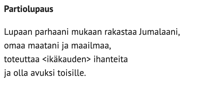 Suomen Partiolaisten jäsenkokous hyväksyi näemmä juuri äsken uuden peruskirjan partiolle hallituksen pohjaesityksen mukaisesti. Myös partiolupaus muuttuu.  Kuvissa vanha (”lupaan rakastaa Jumalaani”) ja uusi. partio.fi/wp-content/upl…