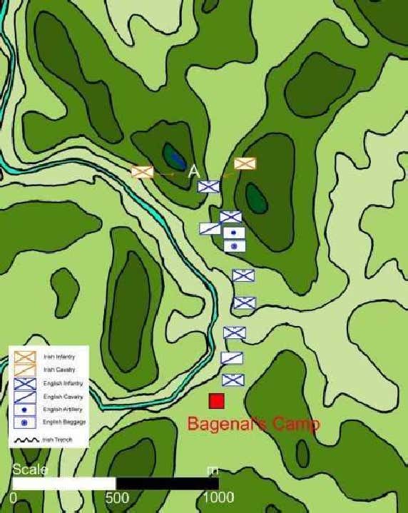Hugh O’Neill había conseguido reunir un contingente de 4.000 y 5.000 hombres a pie y 600 jinetes, que para el 14 de agosto estaba esperando al ejército inglés en Yellow Ford. Mapa de  @neilojim1972
