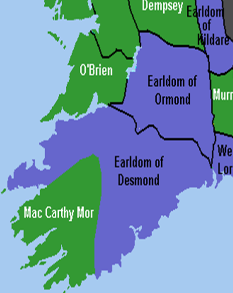 Por otro lado, la extensión de la rebelión a la provincia de Munster se vio propiciada por la adhesión a O’Neill de James Fitzthomas, quien reclamaba el título de conde de Desmond (abolido en 1582 después de una rebelión) el cual más tarde le fue garantizado por el propio O’Neill
