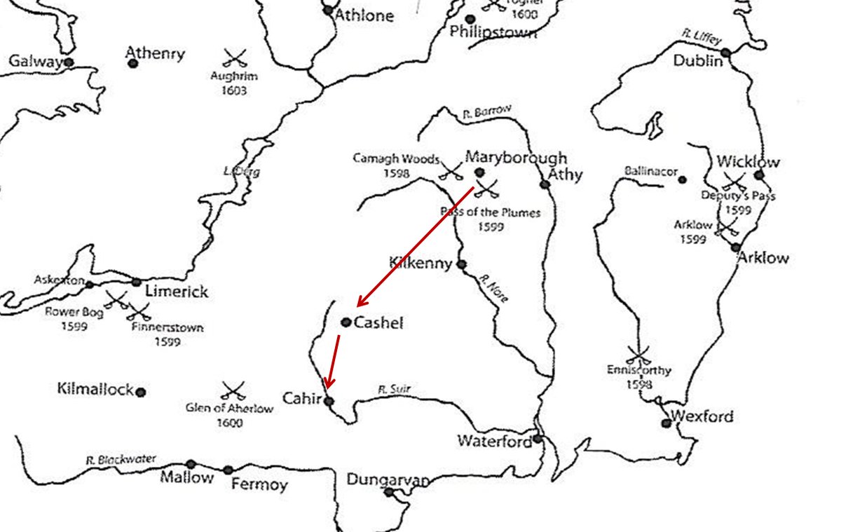 Ese mes, el conde de Essex y su ejército tomaron rumbo sur-oeste, y en su paso por Cashel el 17 de mayo fueron atacados por los confederados irlandeses, aunque tuvieron muy pocas bajas. Después del encuentro se dirigieron al sur, donde tomaron el castillo de Cahir.