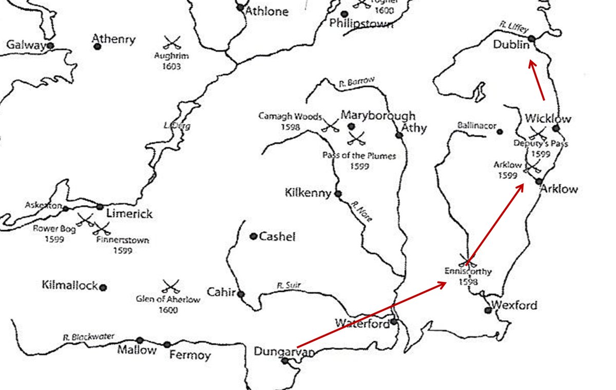 En su retorno a Dublín, los soldados de Essex saquearon las poblaciones cercanas en manos de señores confederados. Al llegar a las proximidades de Arklow a finales del mes de junio fueron emboscados en varias ocasiones por los O’Byrne de Wicklow.