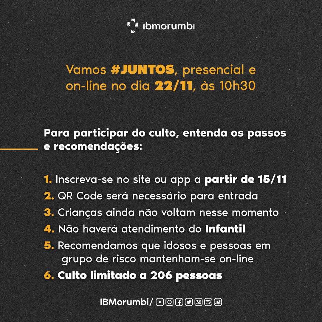 ⚠Atente-se ao processo de inscrições para o culto presencial do dia 22/11 ⚠️ Ampliamos a capacidade desta celebração
.
.
👉 Manteremos todos os protocolos previstos para a segurança de todos os envolvidos e seguimos o processo de agendamento de lugares por meio do site e app.