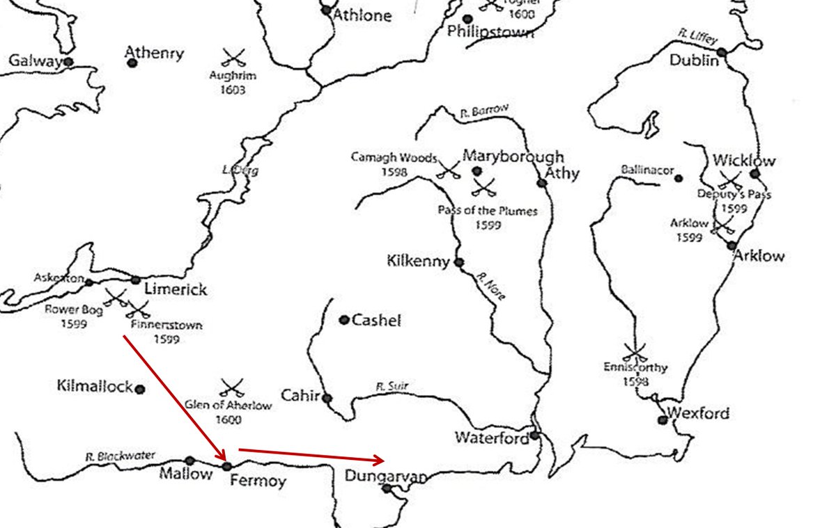Tras el encuentro, Essex marchó hacia el sur en dirección a Fermoy, población a la que llegó el día 15 de junio. A estas alturas los suministros empezaban a escasear, por lo que decidió empezar a retroceder a través del condado de Waterford, llegando a Dungarvan el 20 de junio.
