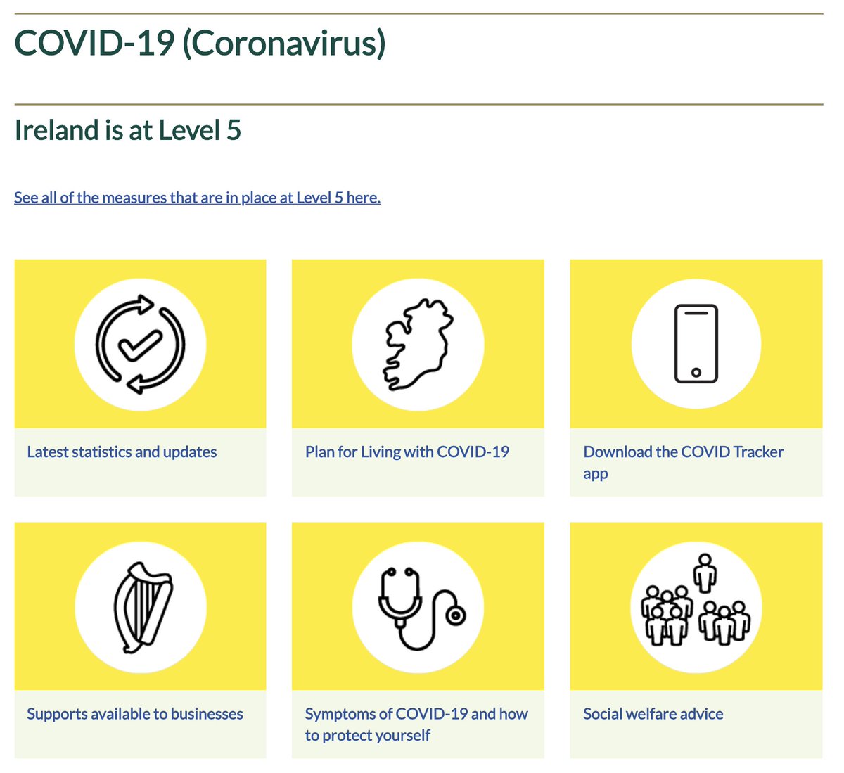 Anyway, you can go here to see what the guidelines are at each level and make printouts that haven't been used as a coaster. https://www.gov.ie/en/campaigns/c36c85-covid-19-coronavirus/