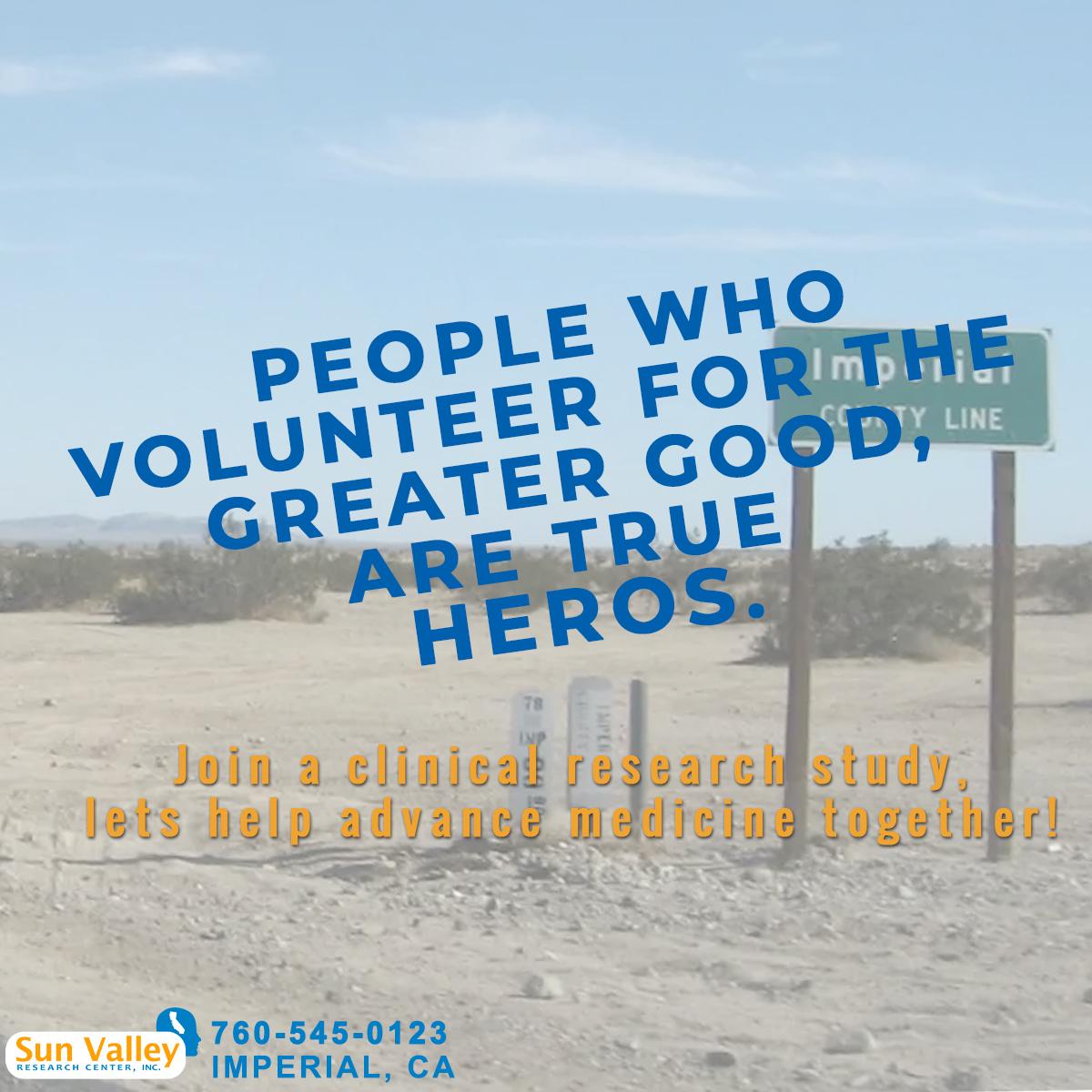 Call us at 760-545-0123. We have several research studies enrolling. 
#SunValleyResearchCenter #SVRC #Imperial #ImperialCA #volunteer #participatenow #volunteering #participate #volunteers #participateinresearch #volunteeropportunities #volunteeringmatters #volunteeringrocks