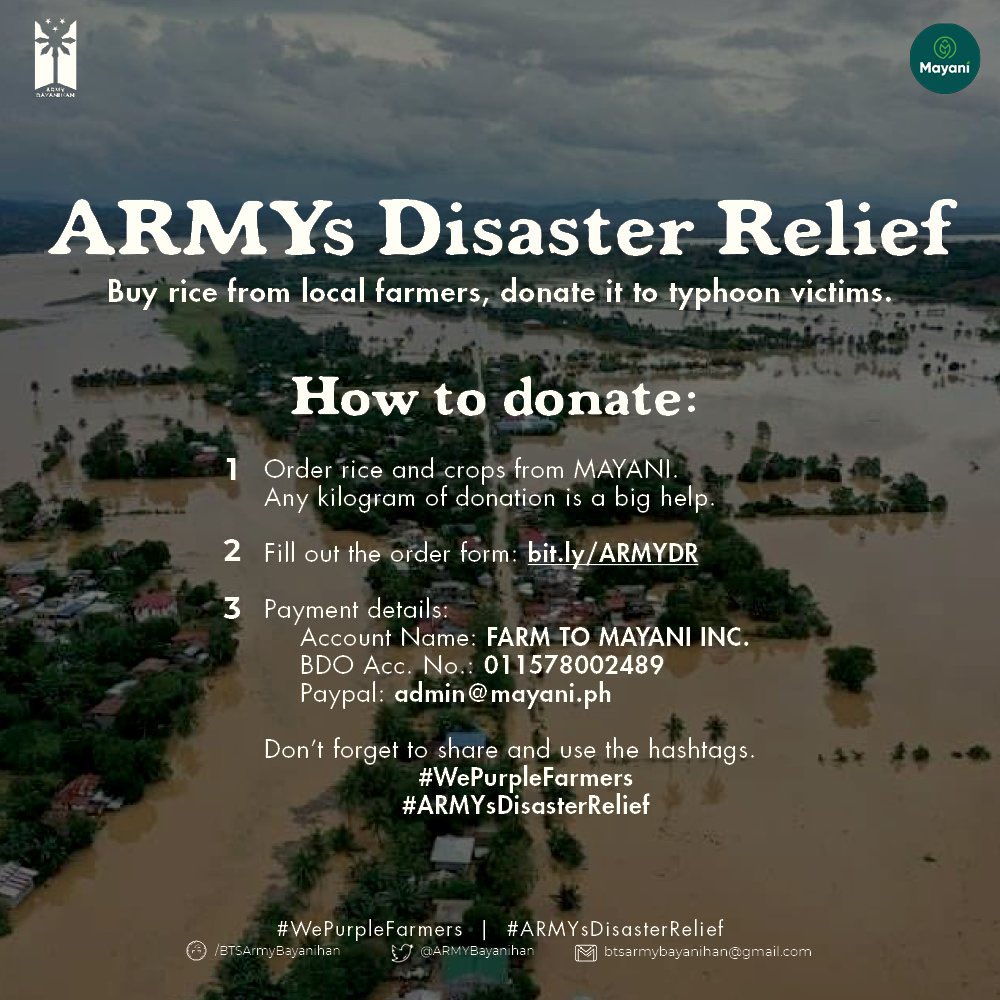 Donated P1000 to  #ARMYsDisasterRelief to buy rice from local farmers and donate them to  #UlyssesPH victims.  #WePurpleFarmers  Match me.