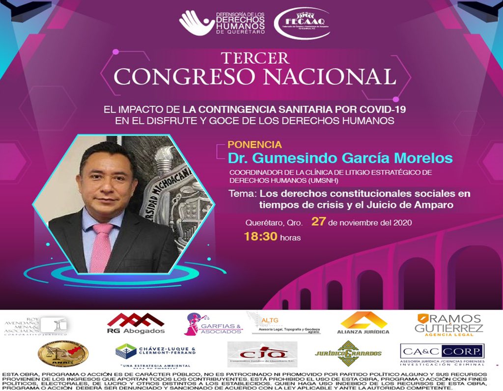 La <a href="/DDHQRO/">DDHQro</a> y la FECAAQ  te invitan a la ponencia “Los derechos constitucionales sociales en tiempos de crisis y el Juicio de Amparo”,, impartida por el Dr. Gumesindo García Morelos. Este El próximo 27 de noviembre.

💻Inscripciones abiertas: tinyurl.com/y5khumes