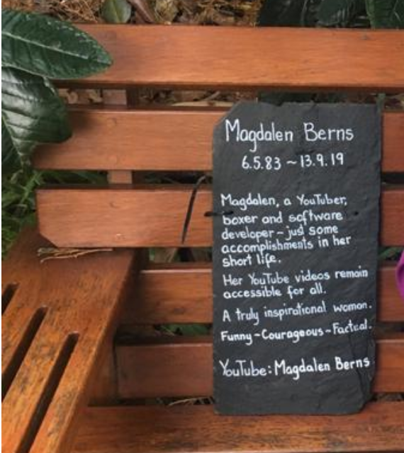 News just reaching me now...a touching memorial to Magdalen Berns can be found in the Botanic Gardens, left by appreciative friends of her work. Hunt and ye shall find #SexNotGender