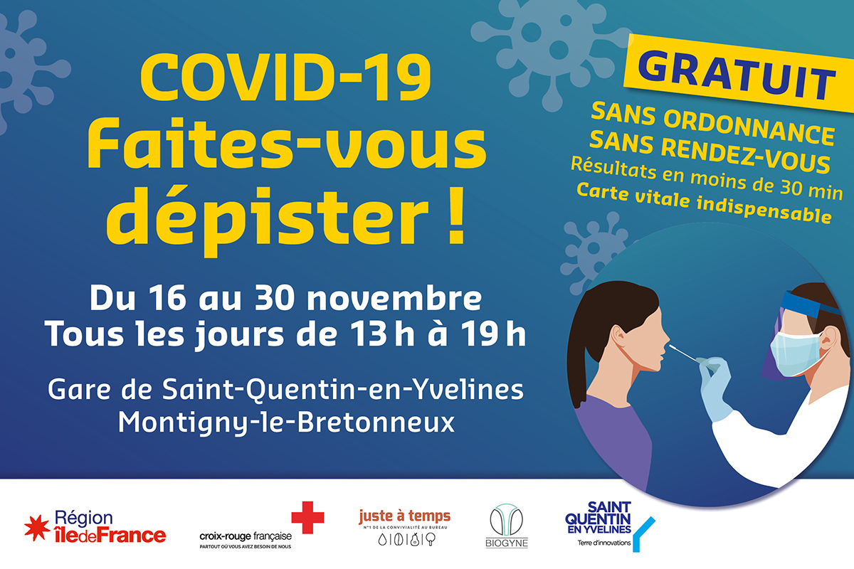 sqy's tweet photo. #COVID19 Faites-vous dépister ! 😷
Du 16 au 30 novembre, ouverture d’un centre de #dépistage en gare de #SQY à @VilleMontigny78
Gratuit, sans ordonnance, sans rendez-vous.
Carte vitale indispensable.
https://t.co/ihKldeeLPd
@CroixRouge #Biogyne @justeatemps @CRIdF https://t.co/CUCM1r5Fjl